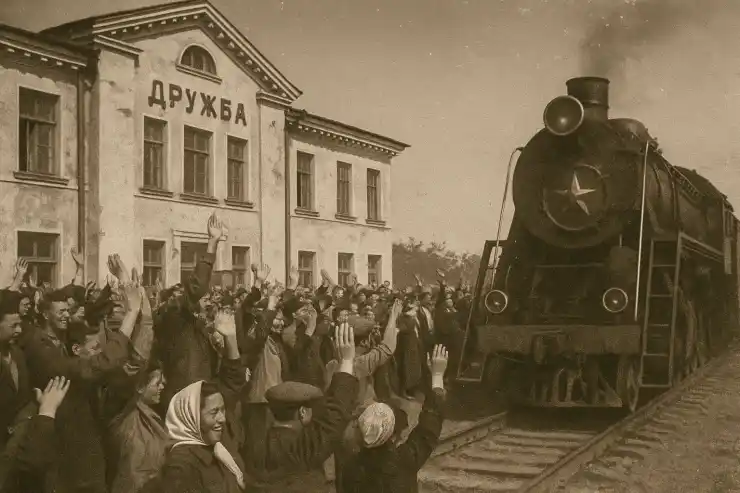Люди встречают первый поезд в селе Дружба (старое название села Достык), граница Казахстана и Китая. Сгенерировано ИИ