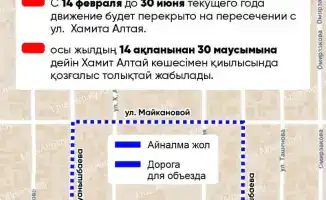 Ремонтные работы перекрытие улицы Серикова в Алматы с 14 февраля по 30 июня